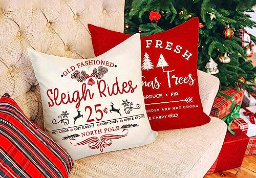 Farmhouse Christmas Pillow Covers 18x18 Set of 4 Red White Rustic Cushion Cases D219