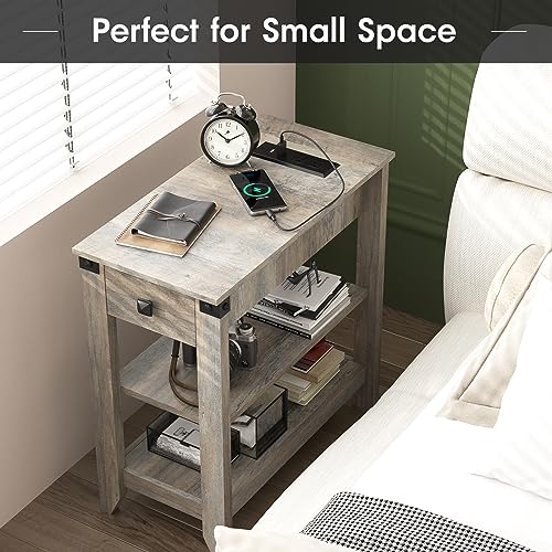 Fameill End Tables Set of 2, Narrow Side Table with Charging Station, Rustic Grey X913791