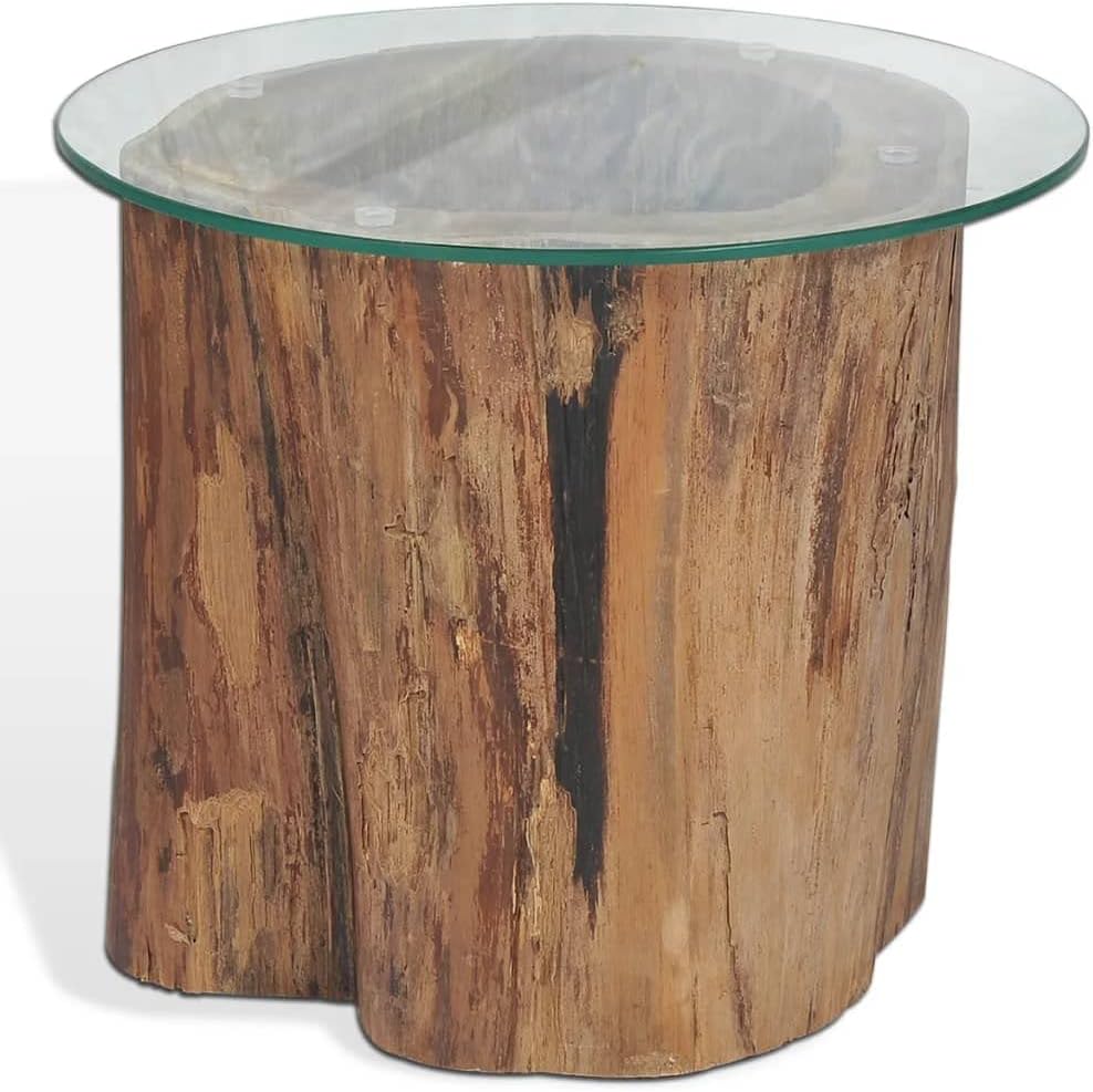Teak Wood Stump Coffee Table with Tempered Glass Top O26377
