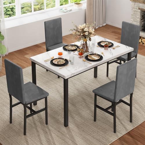 Hooseng Dining Table Set for 4, Faux Marble Tabletop & PU Leather Chairs, Brown & White O605