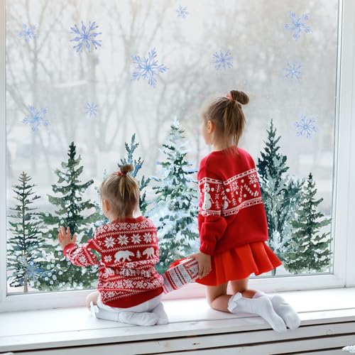 Whaline 9 Sheet Christmas Window Clings Snowy Forest Trees Reusable Window Decals H27510