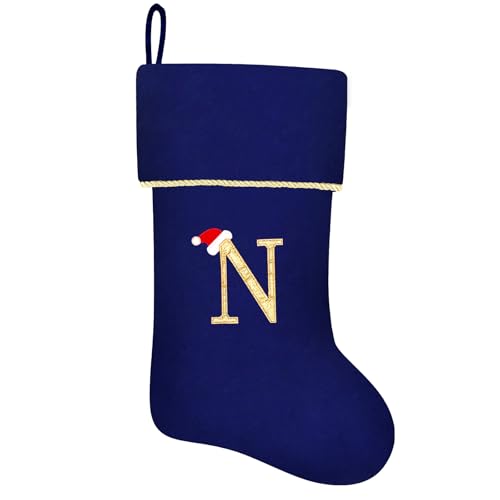 20 Inches Initial Monogram Blue Velvet Christmas Stocking with Gold Trim U394