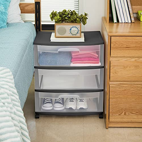 Plastic Storage Drawer Cart with 3 Clear Drawers on Wheels, Black D42174