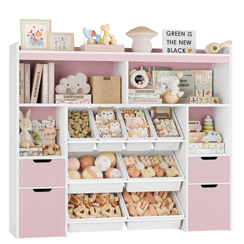 HORSTORS 55" W Toy Storage Organizer with Drawers, Large Kids Toy Storage Box with Removable Bins, Tall Kids Bookshelf and Bookcase for Boys and Girls, Modern Toy Chest for Playroom, Classroom, Pink