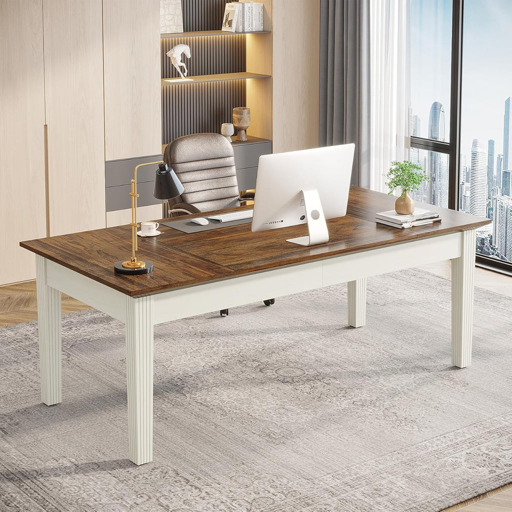 Tribesigns 62-Inch Computer Desk, Large Office Executive Desk with Solid Wood Legs, Modern Simple Laptop Desk Study Writing Table Workstation Furniture for Home Office, Rustic Brown & White