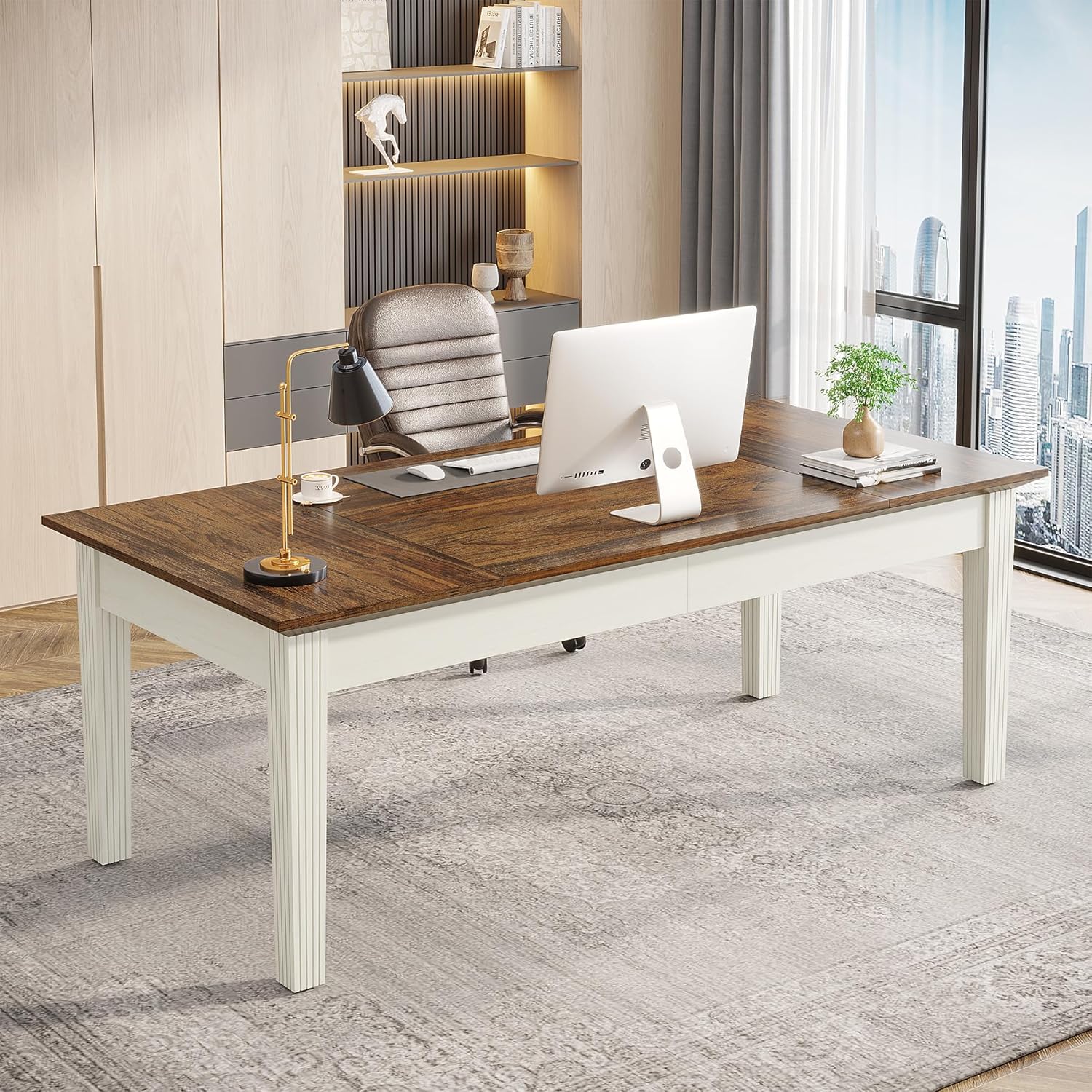Tribesigns 62-Inch Computer Desk, Large Office Executive Desk with Solid Wood Legs, Modern Simple Laptop Desk Study Writing Table Workstation Furniture for Home Office, Rustic Brown & White