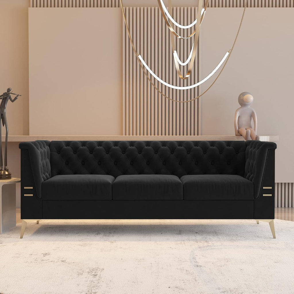WILLIAMSPACE Chesterfield Sofa 3 Seater Couches Upholstered Tufted Velvet Sectional Sofa for Living Room/Office/Apartment - Dark Grey