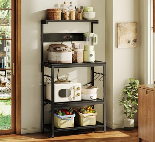 SUPERJARE Kitchen Bakers Rack with Power Outlet, Coffee Bar Table, Rustic Brown W637