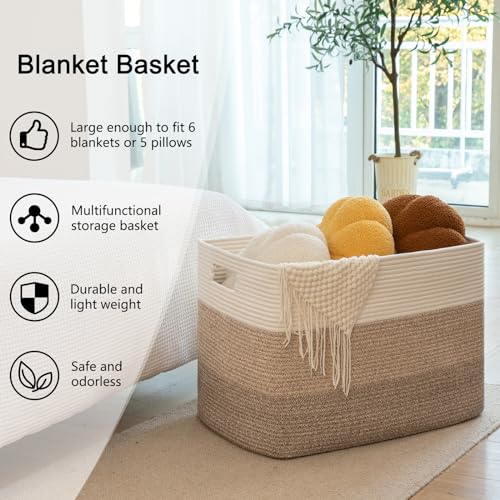 OIAHOMY Large Rectangle Woven Blanket Basket with Handle, Gradient Blue B58762