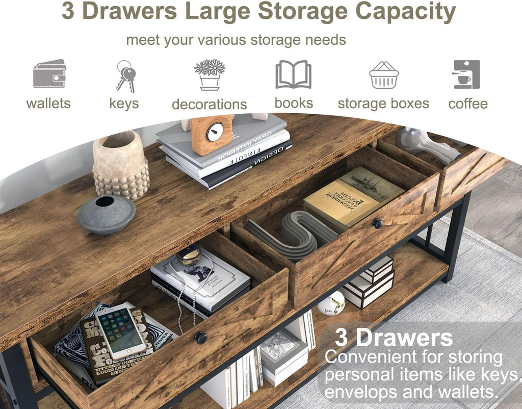 HSH Entryway Console Table with 3 Drawers, Rustic Brown, 55 inch I35530