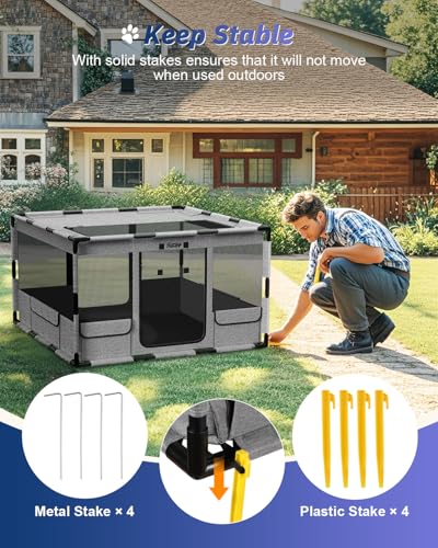 Dog Playpen 43x43x26 Inches Portable with Top Cover, Gray A364