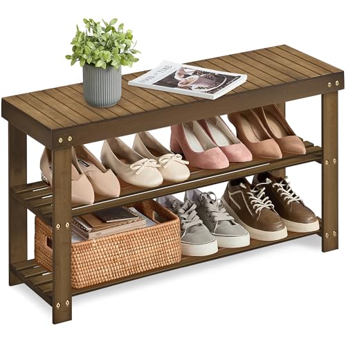 SONGMICS 3-Tier Bamboo Shoe Rack Bench, Entryway Storage, Ink Black X802
