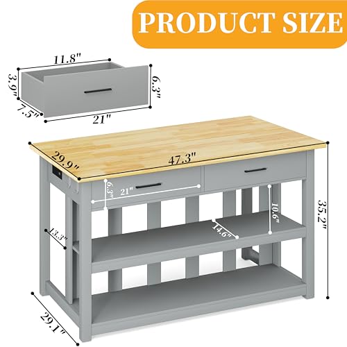 47.3" Solid Rubberwood Kitchen Island with Power Outlets, Grey E752