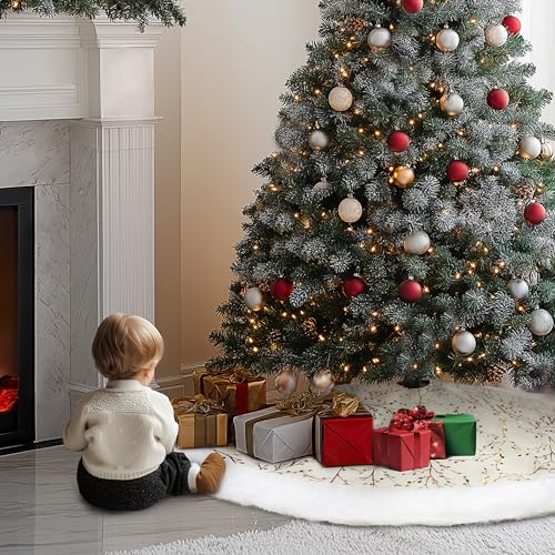 SYITCUN Christmas Tree Skirt, 48 Inch White and Gold Faux Fur F99847