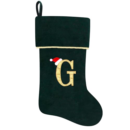 20 Inches Initial Monogram Blue Velvet Christmas Stocking with Gold Trim U394