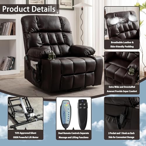 Lift Chair Recliner with Massage and Heat, Heavy Duty for Seniors, Brown V12888