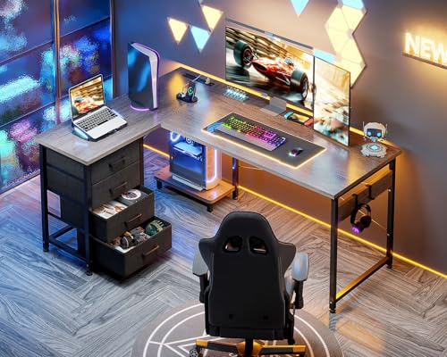 AODK L Shaped Gaming Desk with 4 Drawers, Power Outlets, Black P81263