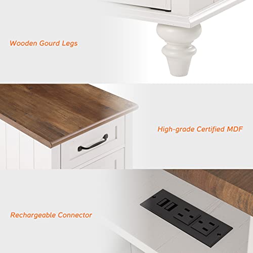 WAMPAT 2 Pack End Table with Charging Station and Storage, White/Oak E6157