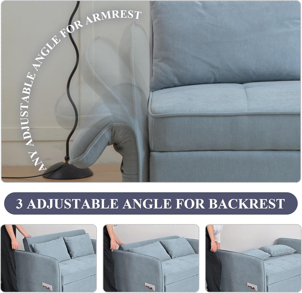Chenille Fabric 3-in-1 Double Sofa Bed with Pull-Out Bed, Bluish Grey Q8445