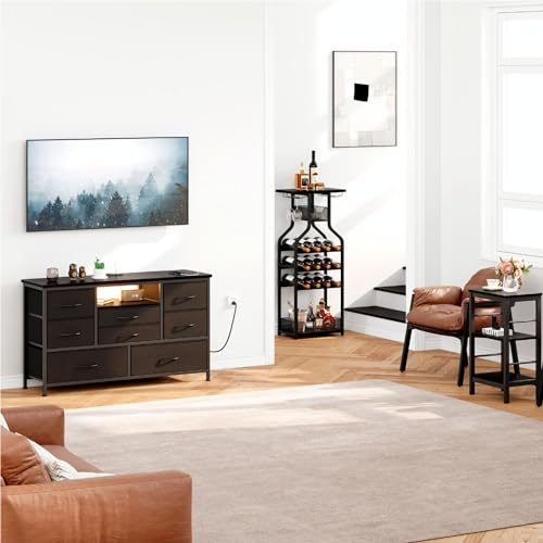 Dresser TV Stand with Power Outlet & LED for 55'' TV, 8 Drawers, Wood Top P3503