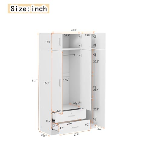 Mirror 3 Doors Closet Wardrobe with 2 Drawers and Top Cabinet, White T40591