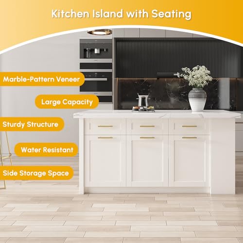 homary 72" Kitchen Island with Storage, White Dining Table with Seating & 3 Drawers H6352