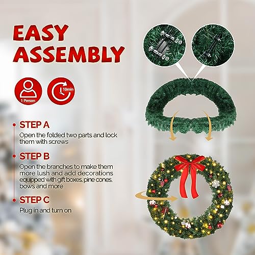 VINGLI 48 Inch Pre-lit Artificial Christmas Wreath with 150 LED Lights T885
