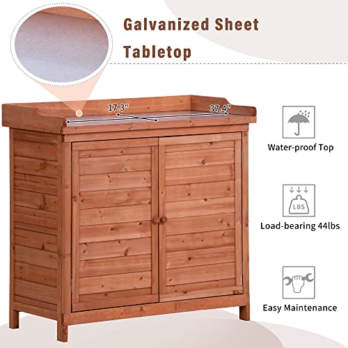 Merax 66" Outdoor Farmhouse Wooden Potting Bench Table with 2 Drawers and Cabinet, Brown U7933