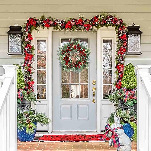 24 Inch Christmas Wreath with Red Ribbon and Pine Cones for Front Door D30392