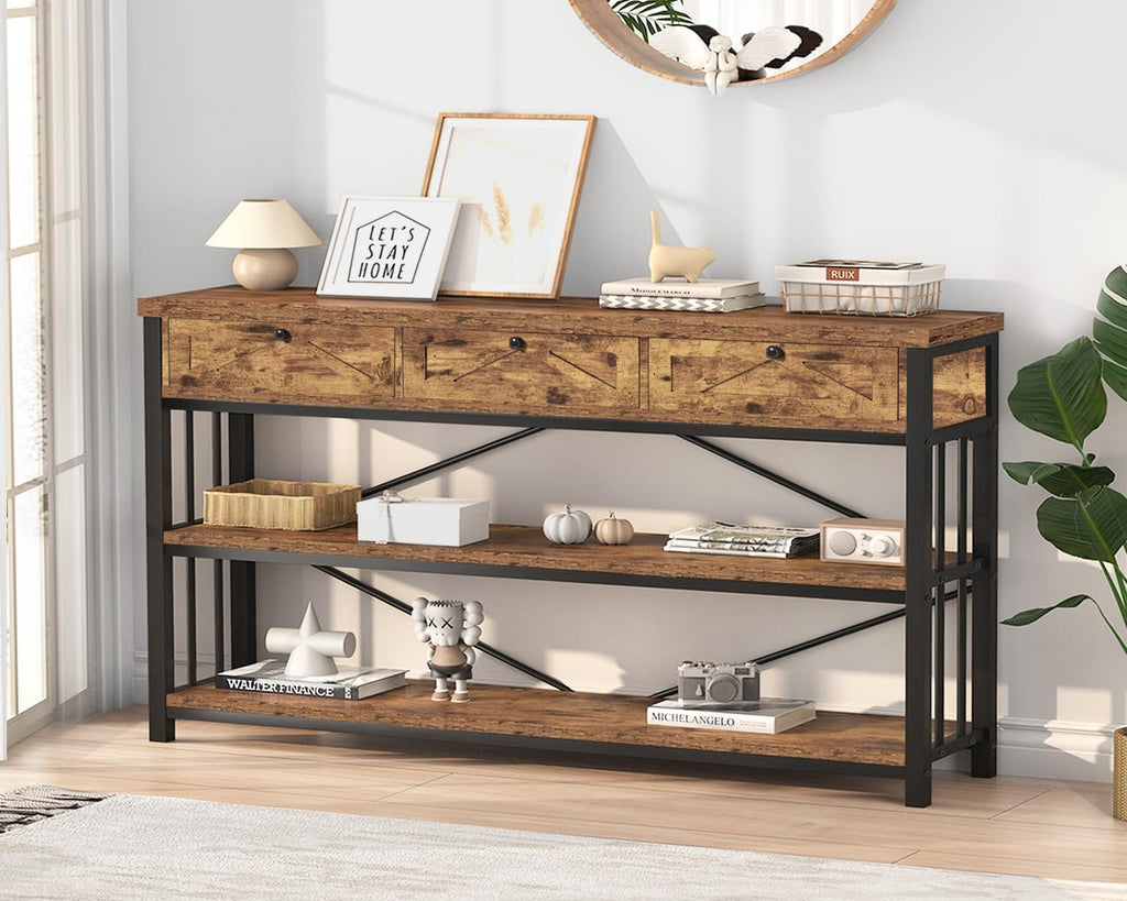HSH Entryway Console Table with 3 Drawers, Rustic Brown, 55 inch I35530