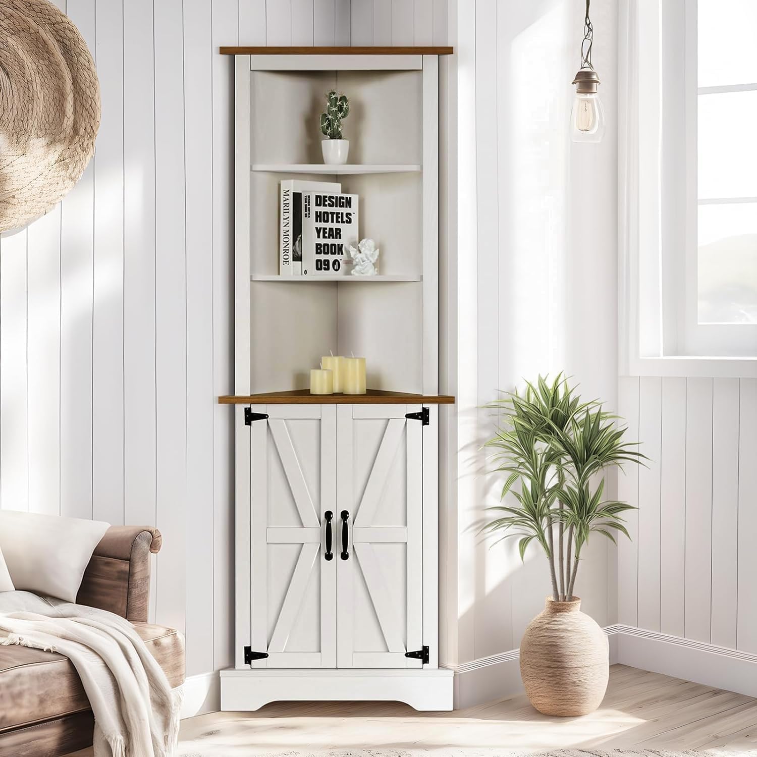 4 EVER WINE Farmhouse Corner Cabinet with 5 Shelves & Barn Doors, White F9155
