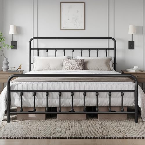 Yaheetech Classic Metal Platform Bed Frame with Victorian Headboard, Full Size Black T81083