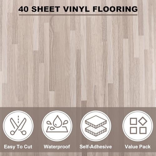 Peel and Stick Vinyl Floor Tiles 12x12 Waterproof Wood Look, 40 Sheets V905