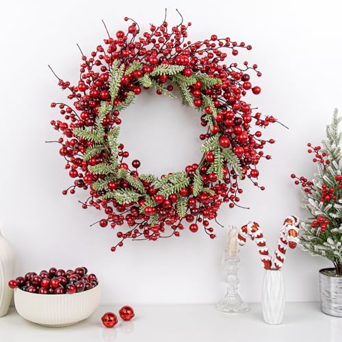 20 Inch White Christmas Wreath with White Berry Fir Pine Needle F528