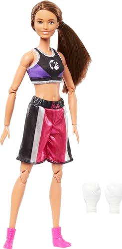 Barbie Careers Fashion Doll & Accessories, Made to Move Brunette Boxer J549