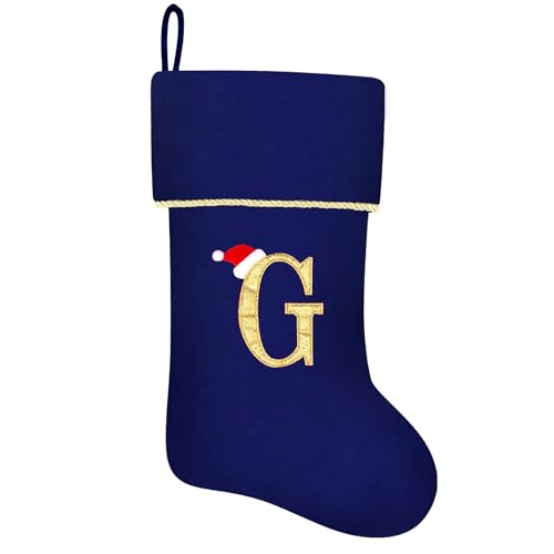 20 Inches Initial Monogram Blue Velvet Christmas Stocking with Gold Trim U394