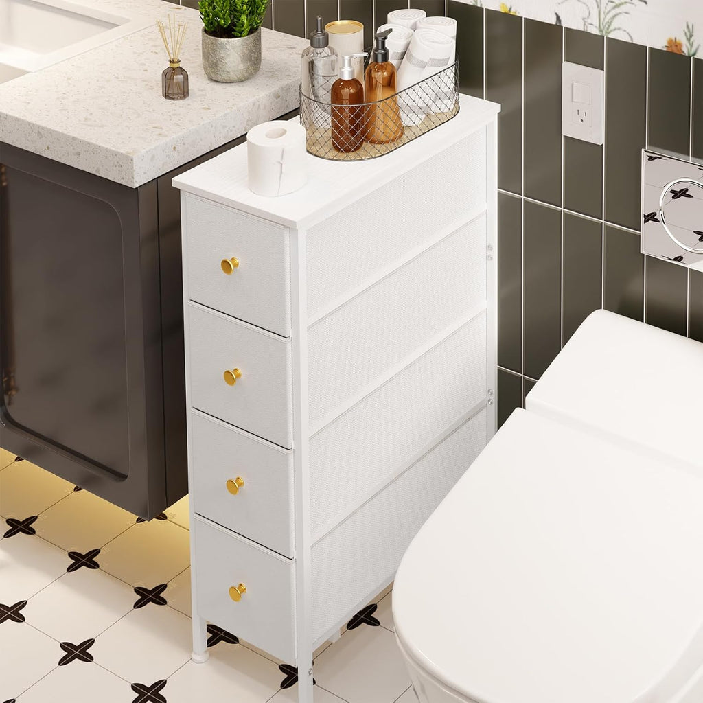 Fixwal Narrow Storage Cabinet with 4 Drawers, White, Steel Frame J10025