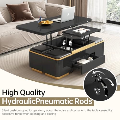 Lift Top Coffee Table with Storage and 4 Stools, Black C543603
