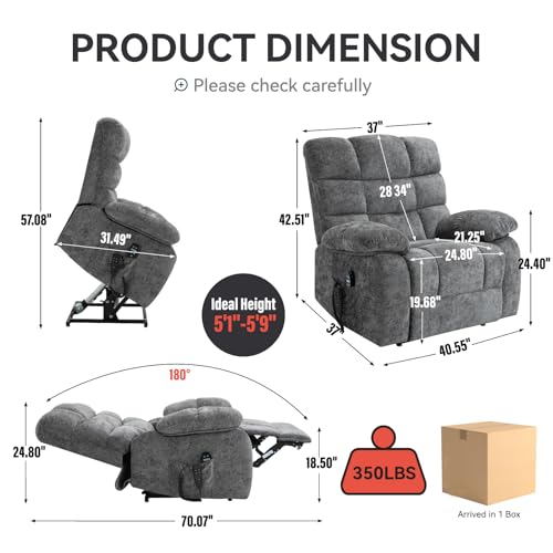 Oversized Lift Recliner Chair with Heat & Massage, Dual Motor, 350 LBS Capacity (Grey) B908754