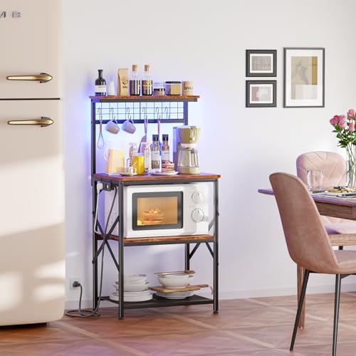 Furologee Bakers Rack with Power Outlet and LED Light, 4-Tier Microwave Stand, Rustic Brown M537