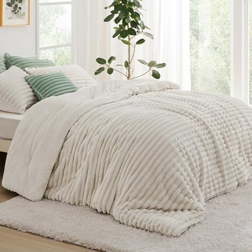 Bedsure Fluffy Faux Fur Comforter Set King Cream White, 3 Pieces R124