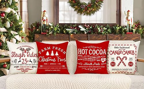 Farmhouse Christmas Pillow Covers 18x18 Set of 4 Red White Rustic Cushion Cases D219