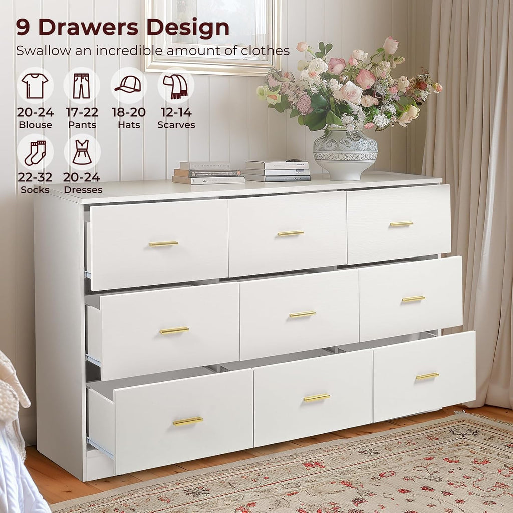 White Dresser for Bedroom with 9 Drawers, Modern TV Stand, Wooden Top, 63" M5379