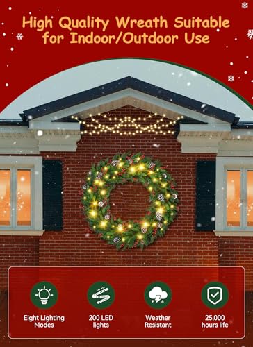 Brightown 24 Inch Pre-Lit Artificial Christmas Wreath with Pine Cones & Berries L37024