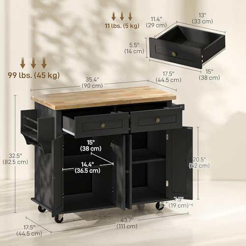 HOMCOM Kitchen Island on Wheels with Rubberwood Top, Navy Blue X7812