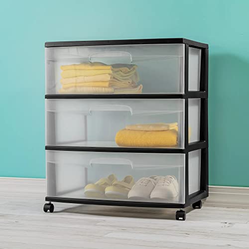 Plastic Storage Drawer Cart with 3 Clear Drawers on Wheels, Black D42174
