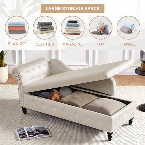 Tufted Velvet Chaise Lounge with Storage, Beige Y118