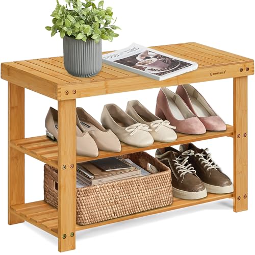 SONGMICS 3-Tier Bamboo Shoe Rack Bench, Entryway Storage, Ink Black X802