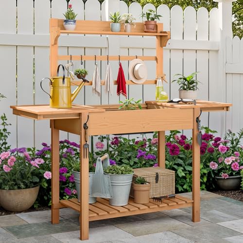 DWVO Outdoor Potting Bench Table with Sink & Sliding Top, Wooden Garden Workbench K4598