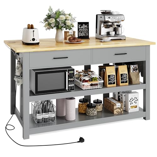 47.3" Solid Rubberwood Kitchen Island with Power Outlets, Grey E752